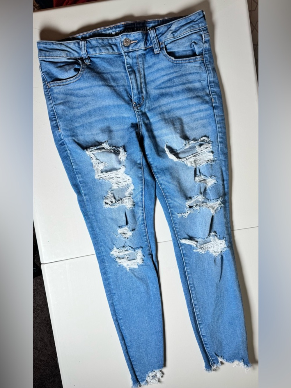 American Eagle Light Blue Distressed Stretch Skinny Jeans - Women 14 - Picture 3 of 8